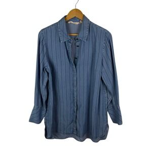 Soft Surroundings Chambray Stripe Button Up Shirt Medium Blue Tunic Soft Relaxed